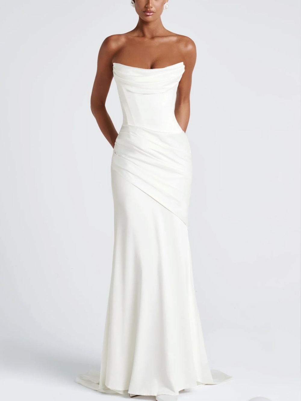 SOLD: Babyboo White Strapless Wedding Gown with Asymmetric Draped Skirt - Picture 2 of 8